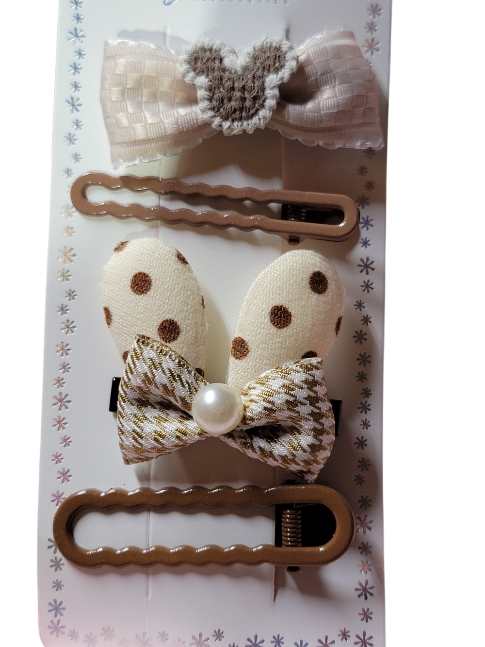 Neutral Polka Dot & Bow Hair Clip Set - Cream and Brown